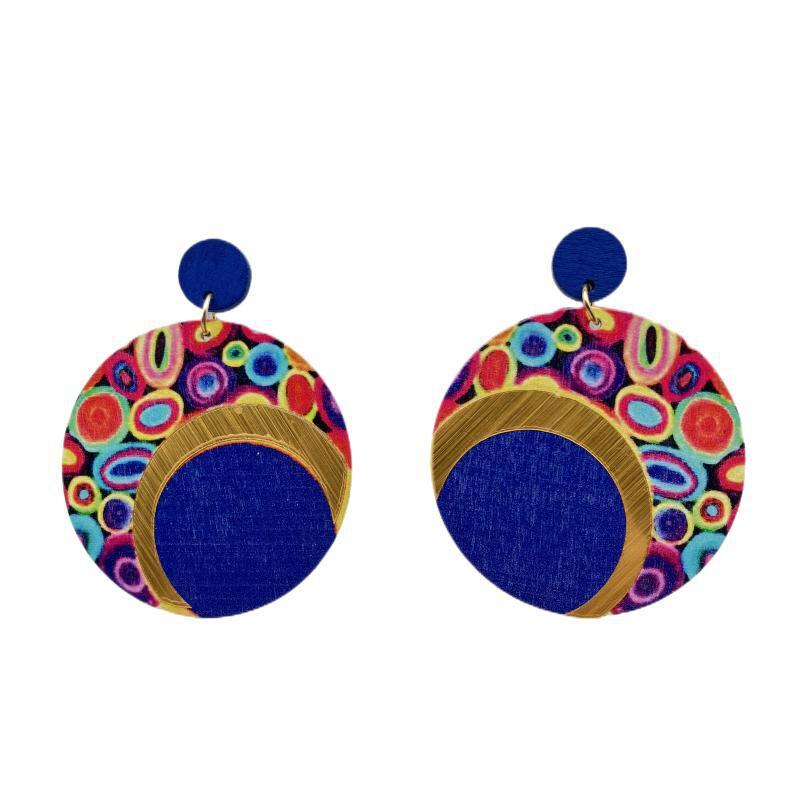 Wooden Printed Round Color Large Earrings