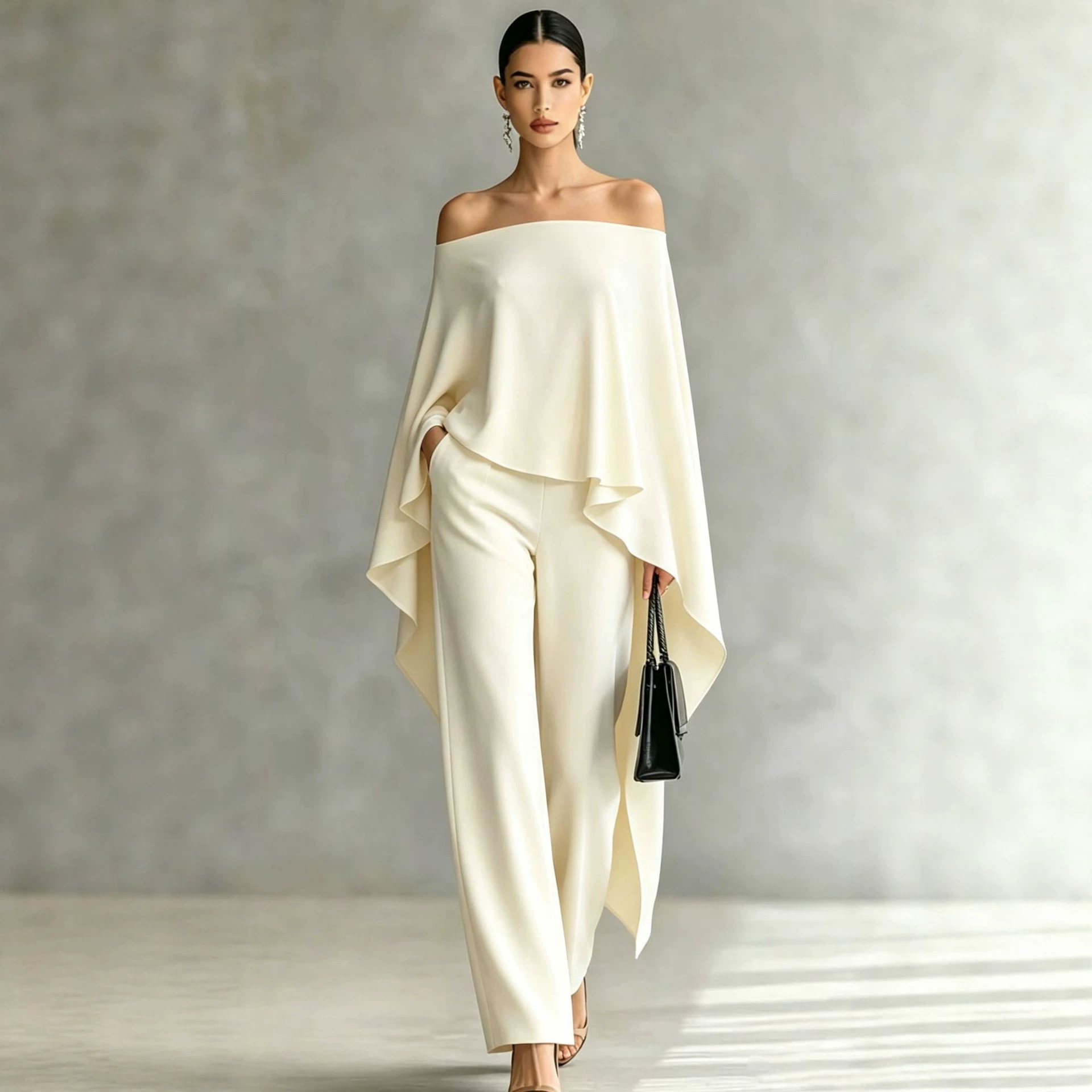 Autumn Fashion Off-Shoulder Wide-Leg Pants Set Womens Solid-Color Asymmetric Two-Piece Set
