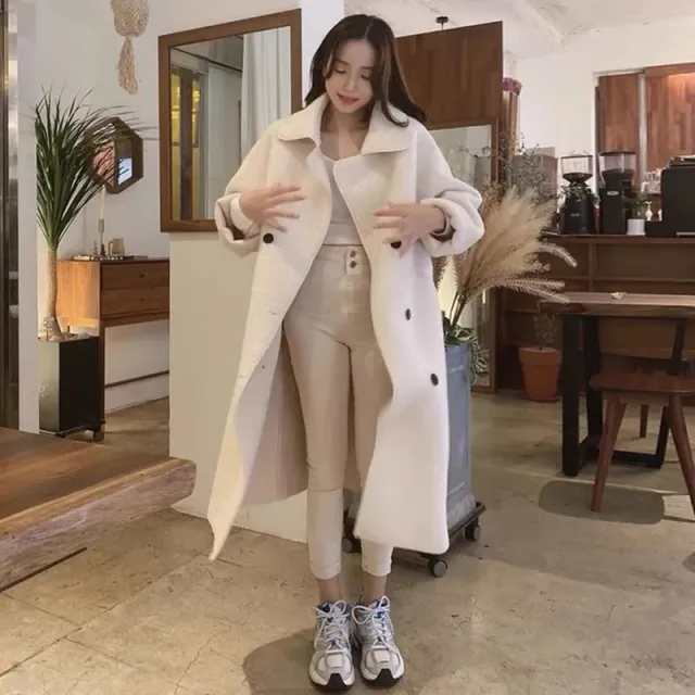 Gentle Elegant Lapel Double breasted Loose All match Long sleeved Lamb Wool Coat White - Shop at LoveMi
