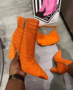 European And American Leisure Chunky Heel High Heel Pointed Boots Solid Colour Towels Fabric - Orange - View 1