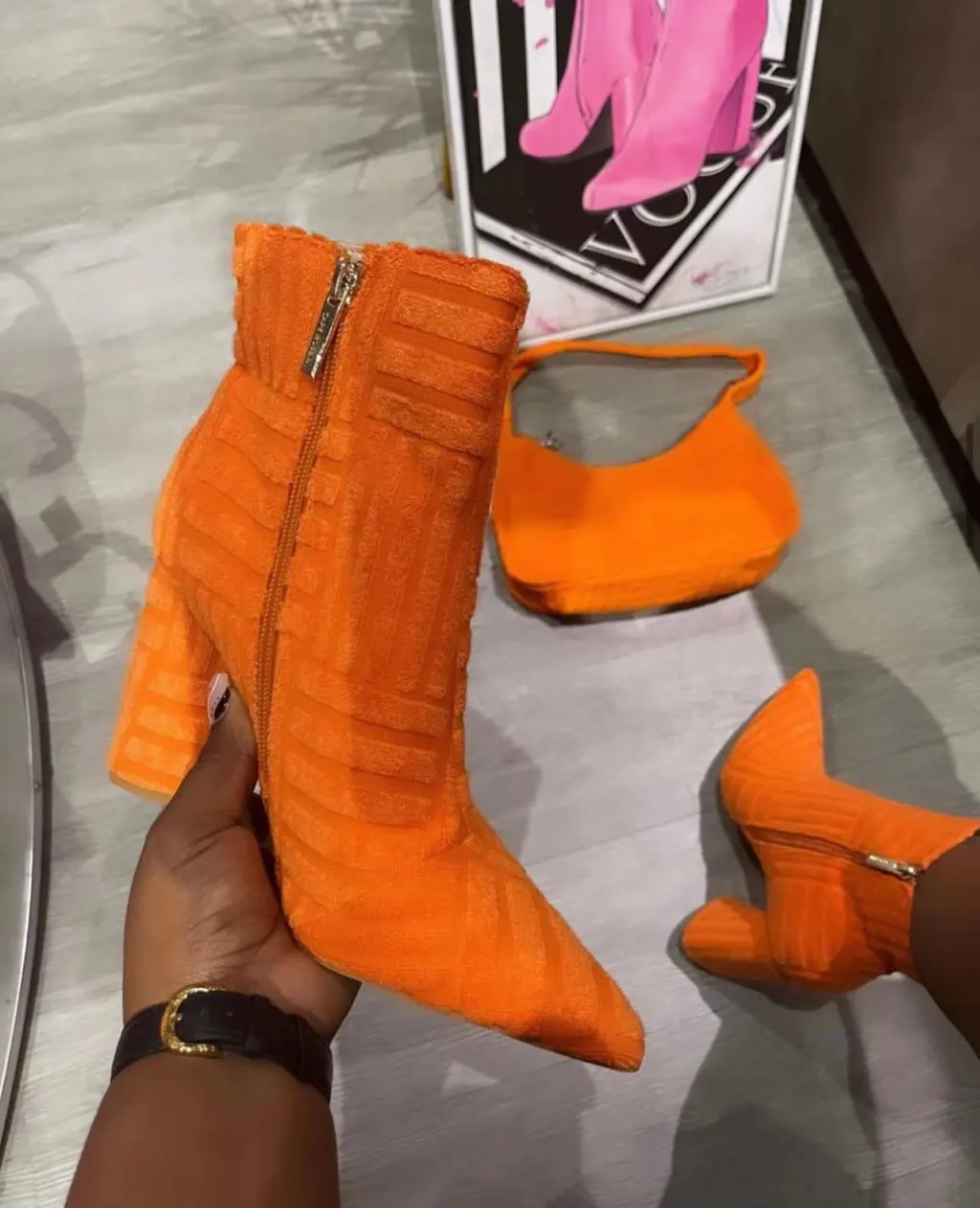 European And American Leisure Chunky Heel High Heel Pointed Boots Solid Color Towels Fabric - Orange