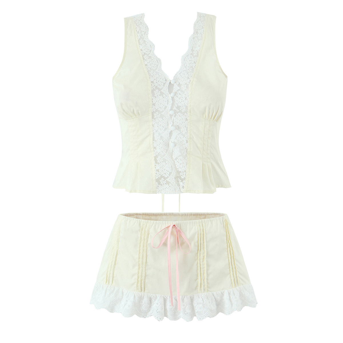 French V neck Sexy Backless Mini Top With Low Waist And Mini Skirt Beige - Shop at LoveMi