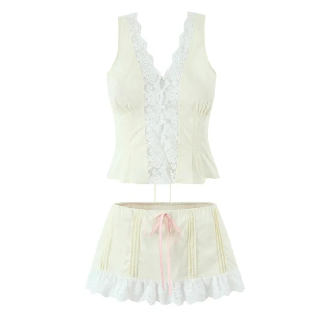 French V neck Sexy Backless Mini Top With Low Waist And Mini Skirt Beige - Shop at LoveMi