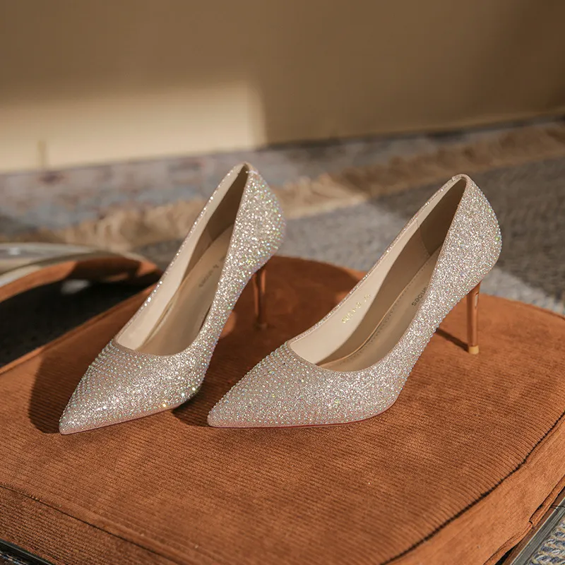 Korean Version New Versatile Crystal High Heels - Champagne-34-6.5Cm