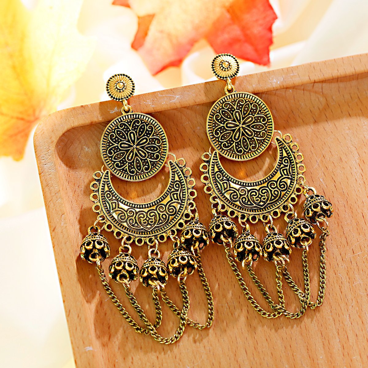 Handmade Original Geometric Bell Tassel Pendant Earrings Retro Exaggerated