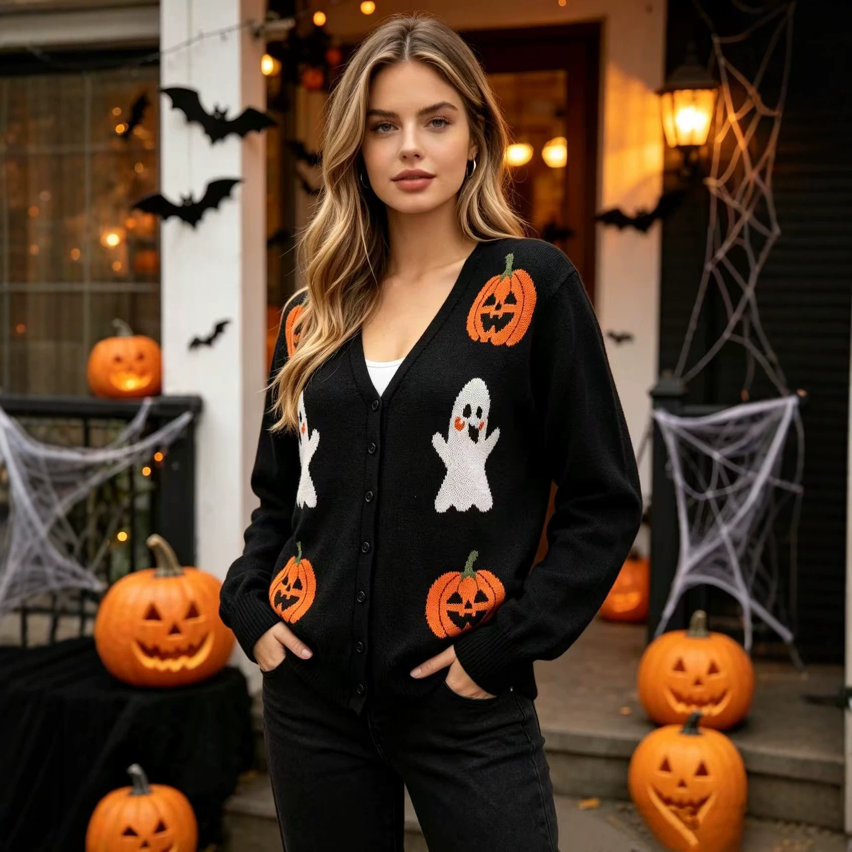 Cardigan Women's Clothes Halloween Theme Pumpkin Lamp Sweater
