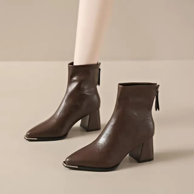 Pointed Toe Simple Fashion Chunky Heel Comfortable Retro All matching Women's Boots Brown - Shop at LoveMi