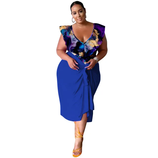 New Stylish Casual V neck Printed Jumpsuit Printed Skirt Plus size Two piece Set Blue - Shop at LoveMi