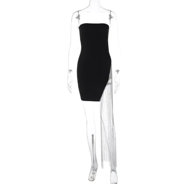 Solid Color Chest Wrap Stitching Tassel Split Dress Black - Shop at LoveMi