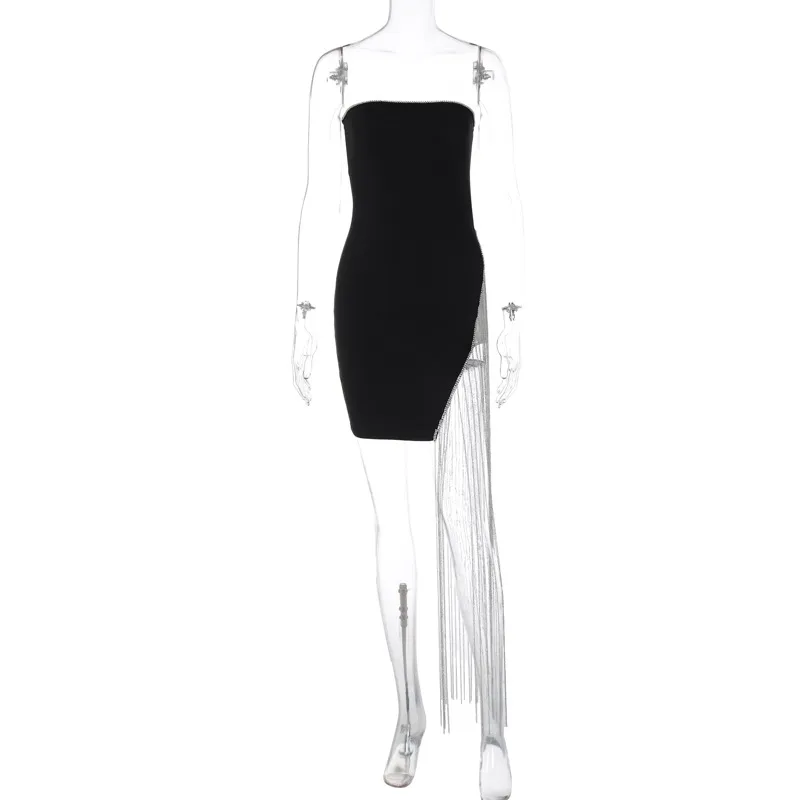 Solid Color Chest Wrap Stitching Tassel Split Dress - Black