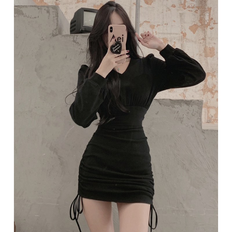 Long Sleeve Fleece-lined V-neck Halter Drawstring Waist Slimming Temperament Base Hip Bag Dress