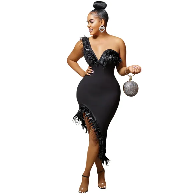 V neck Sleeveless Chest Feather Irregular Midi Dress Black - Shop at LoveMi