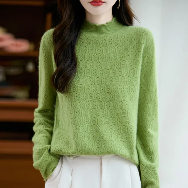Women's Pure Wool Sweater Half height Wooden Ear Collar Sweater Fruit Green - Shop at LoveMi