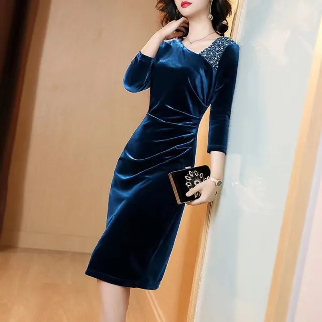 Long sleeved Velvet Sheath Skirt With Fleece Lining And Extra Thickness Blue - Shop at LoveMi