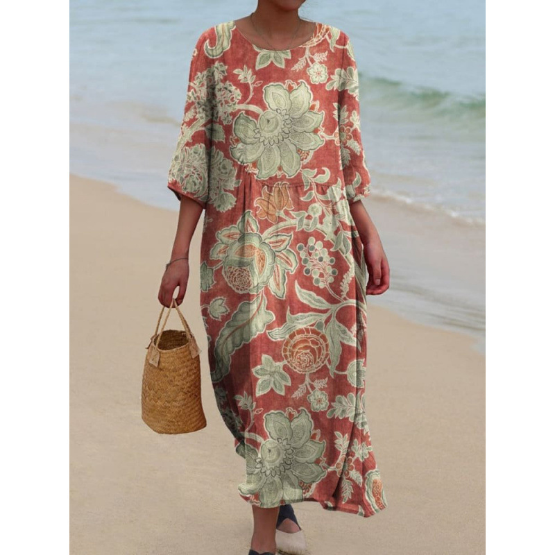 Women's Loose Casual Floral Pattern Cropped Long Sleeves Dress Floral - Shop at LoveMi