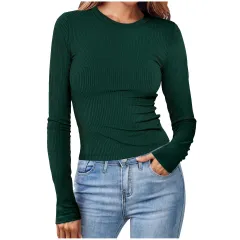 Spring New Women's European And American Round Neck Long Sleeve Sunken Stripe Short Solid Colour Top T-shirt For Women - Dark Green - View 1