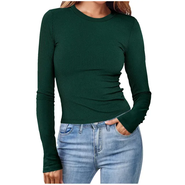Spring New Women's European And American Round Neck Long Sleeve Sunken Stripe Short Solid Color Top T shirt For Women Dark Green - Shop at LoveMi