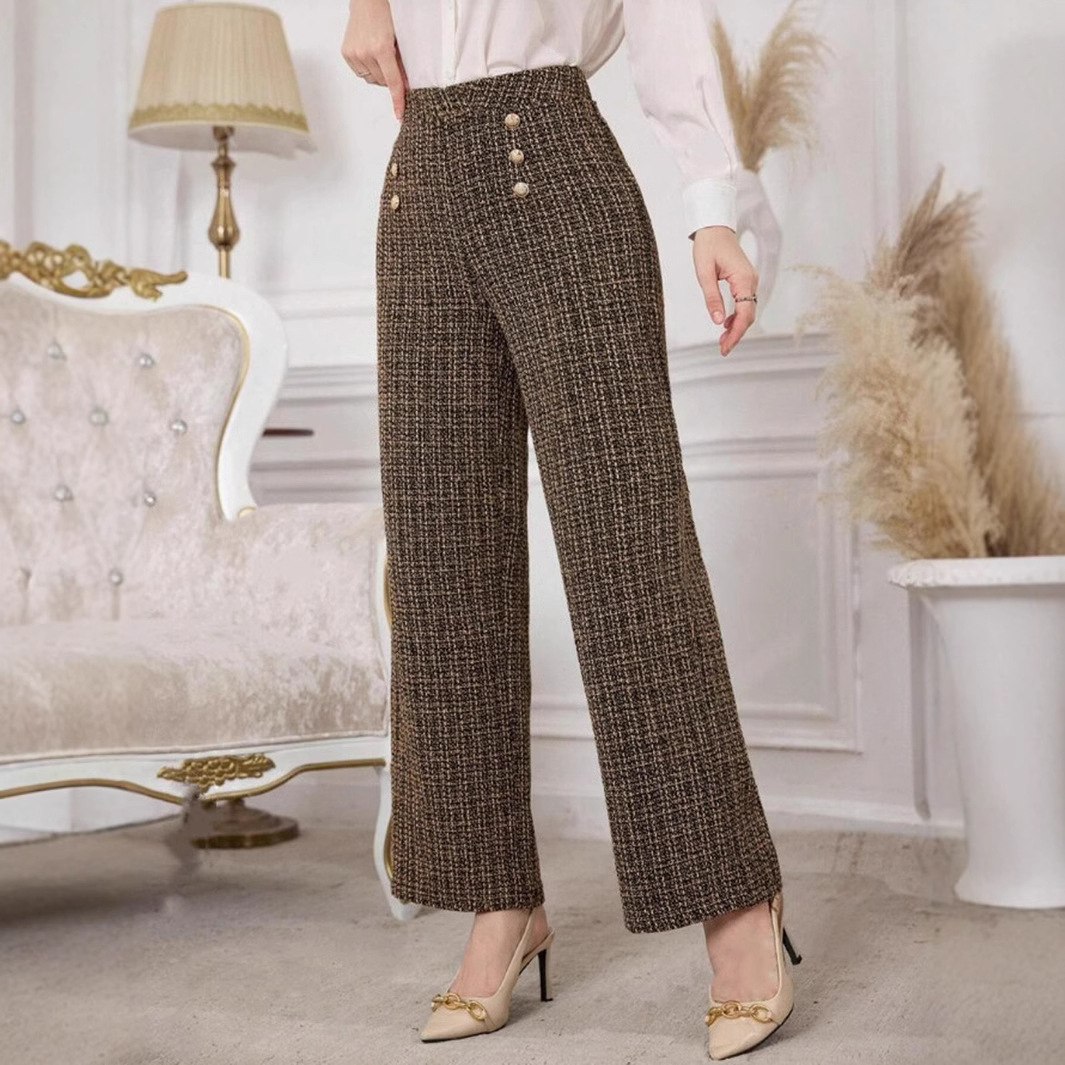 Versatile Classic Style Plaid Double-breasted Tweed High Waist Slimming Wide-leg Pants - Image 3