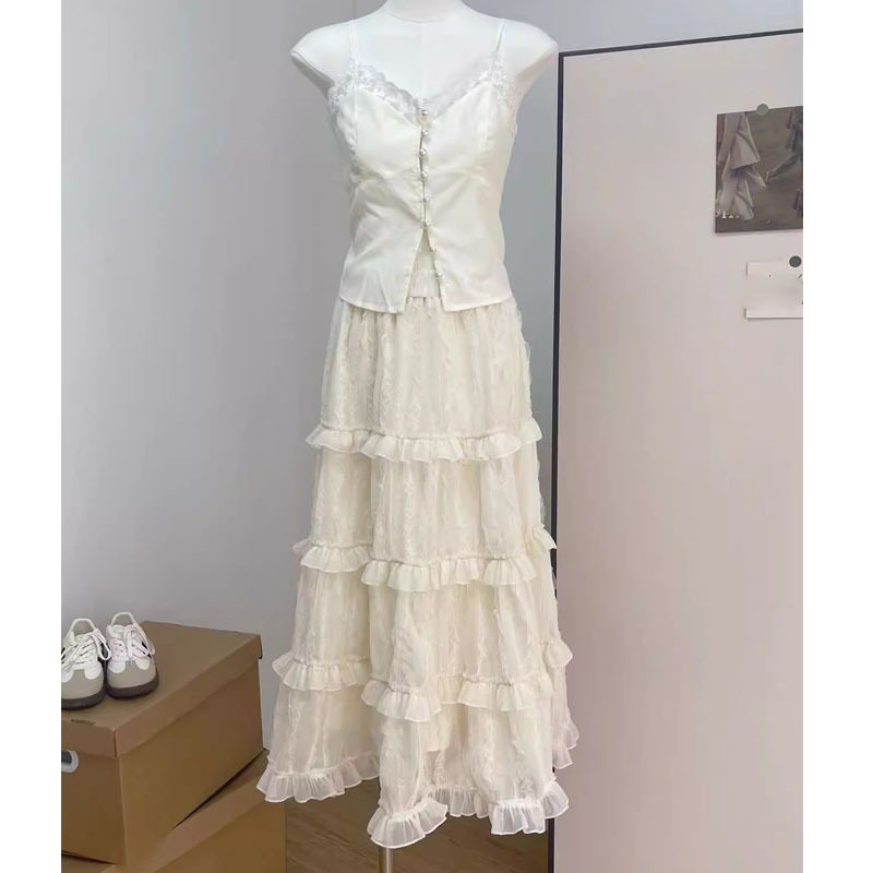 Long Irregular Stitching High Waist Skirt Women's Ruffled Princess Dress Embossed Cake Dress Summer Vest Suit