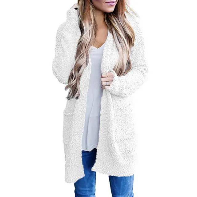 Knitwear Solid Color Fleece Double Pocket Cardigan Sweater White - Shop at LoveMi