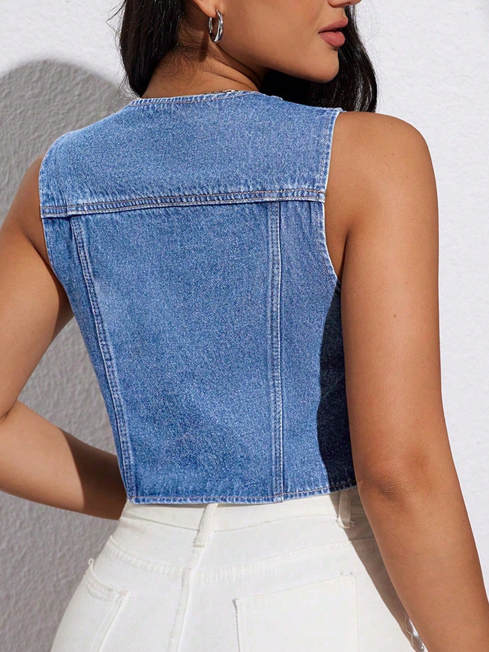 Deep V-Neck Denim Tank Top for Women, Light Blue Slim Fit