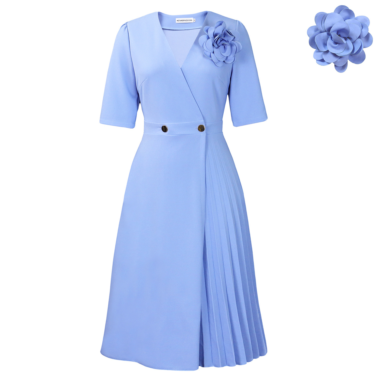 V neck Fashion Short Sleeve Solid Color Elegant Dress Blue - Shop at LoveMi