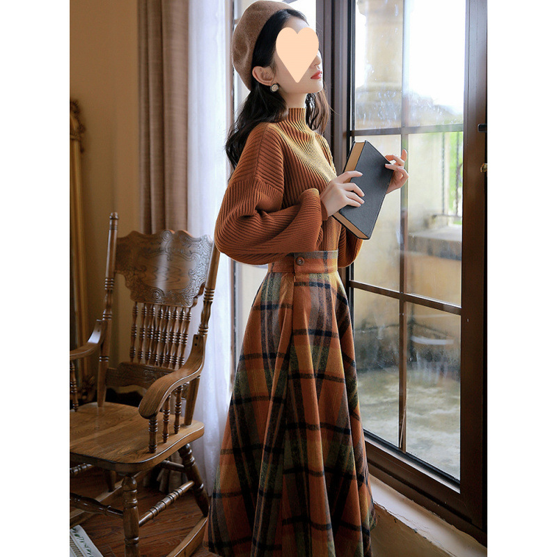 Plaid Woolen Skirt Two-piece Set