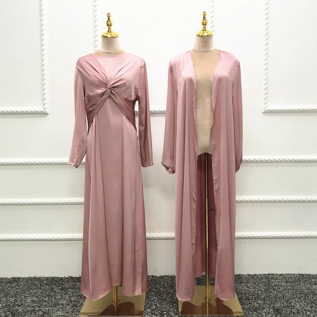 Turkey Dubai Fashion Solid Color Two-piece Set Dress Cardigan Suit - Pink
