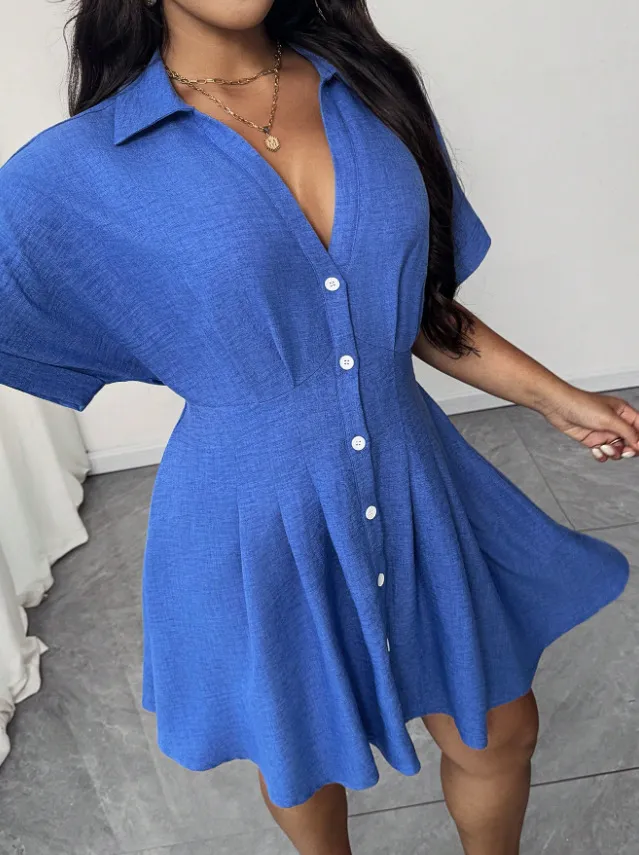 Casual V neck Button Solid Color Women's T Large Size Dress Blue - Shop at LoveMi