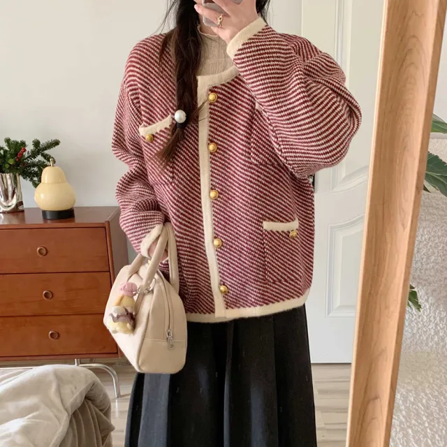 Sweater Coat French Advanced Contrast Color Knitted Cardigan Wine Red Stripes - Shop at LoveMi