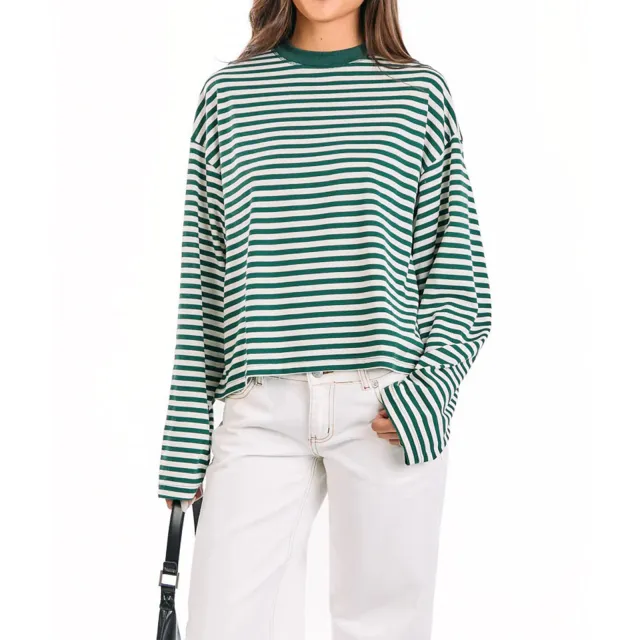 Color blocked Lazy Round neck Cotton Long sleeve Striped T shirt Green - Shop at LoveMi