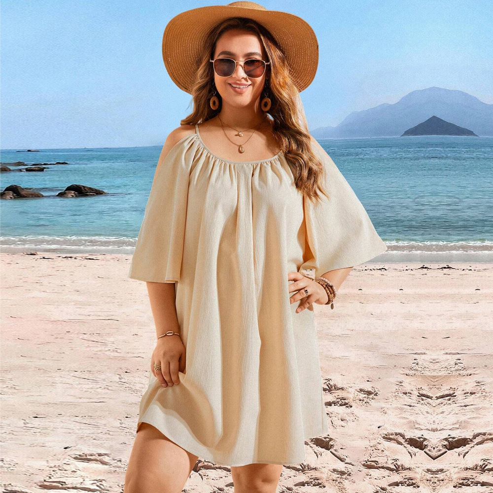 Casual Round Neck Sexy Off the shoulder Short Sleeve Dress Khaki Green - Shop at LoveMi