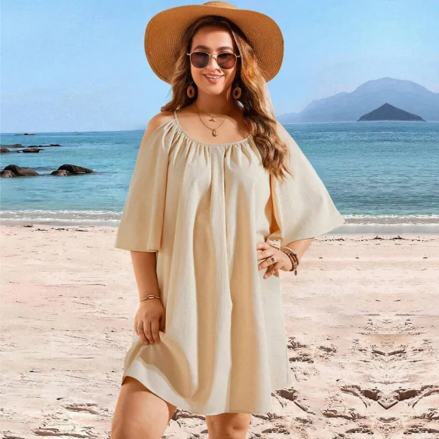 Casual Round Neck Sexy Off the shoulder Short Sleeve Dress Khaki - Shop at LoveMi