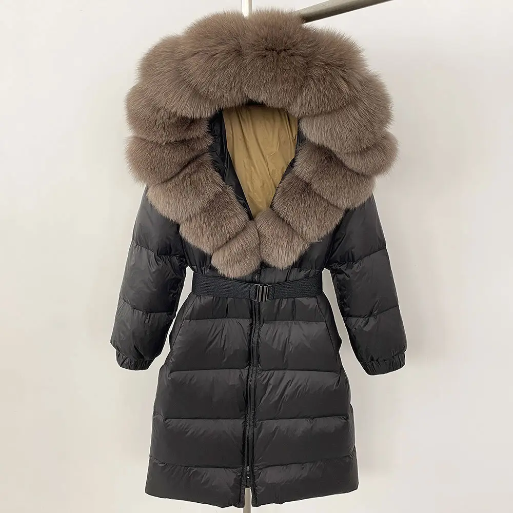 Women's Long Cinched Hoodie Real Fox Collar Fur Down