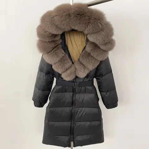 Women's Long Cinched Hoodie Real Fox Collar Fur Down