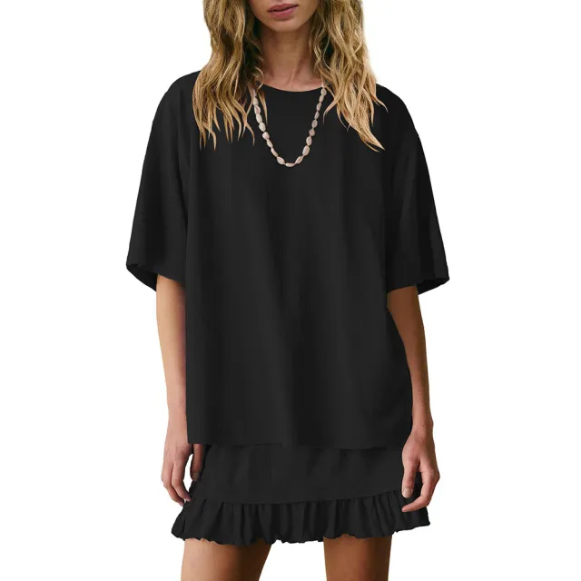 Women's Casual Two piece Set Crew neck Short sleeve Top And Skirt Black - Shop at LoveMi