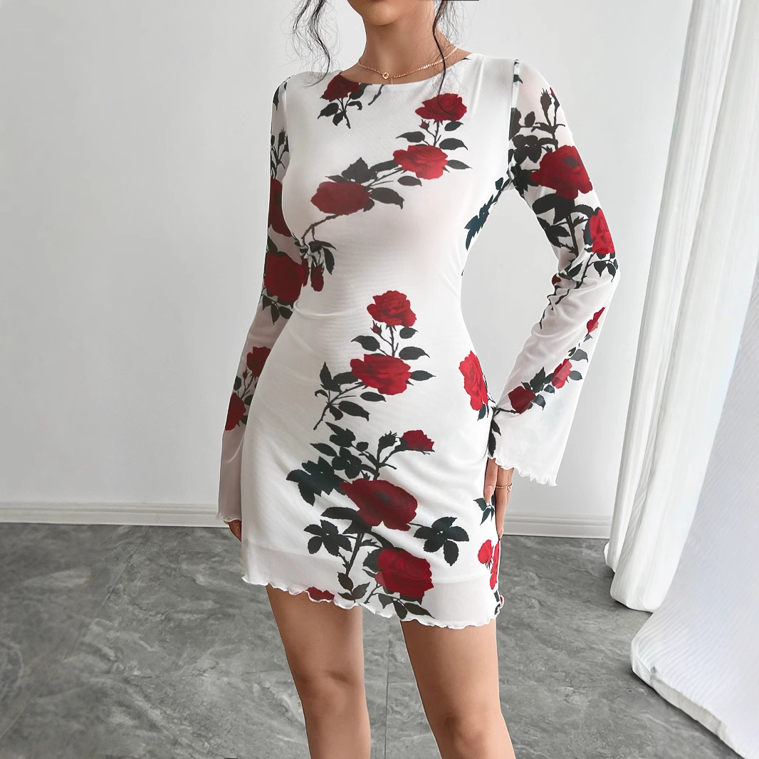 Sexy Floral Backless Gauzy Bell Sleeve Mini Dress