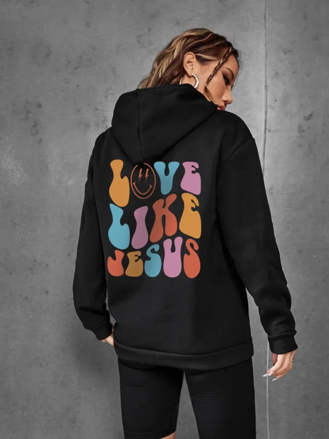 Brushed Hoody Back Letter Printed Kangaroo Pocket Drawstring Printed Hooded Sweater S S - Shop at LoveMi