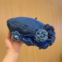 Japanese Minority Contrast Colour Three-dimensional Flowers Denim Beret - Denim Blue - View 1