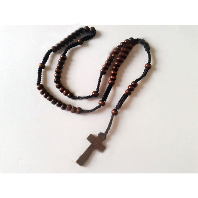 Boutique European And American Deep Coffee Rope Wood Length Beads With Wood Carving Cross