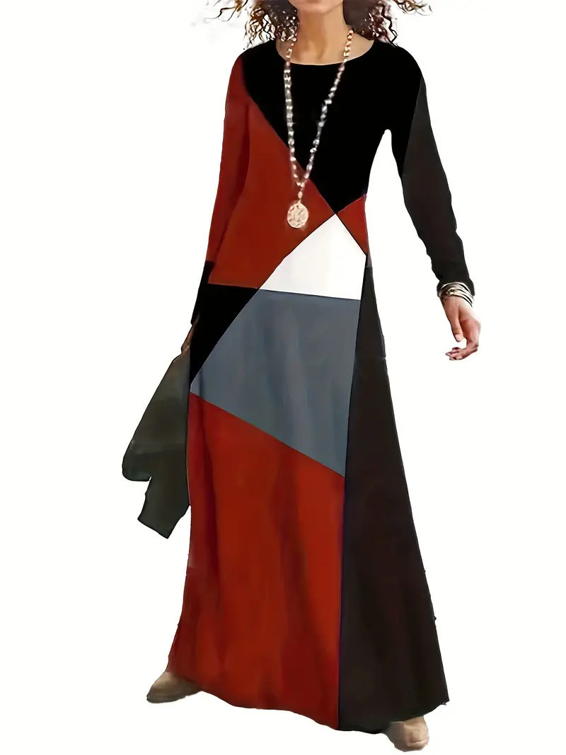 Loose Slimming Artistic Temperament Crew Neck Long Sleeve Waist Dress