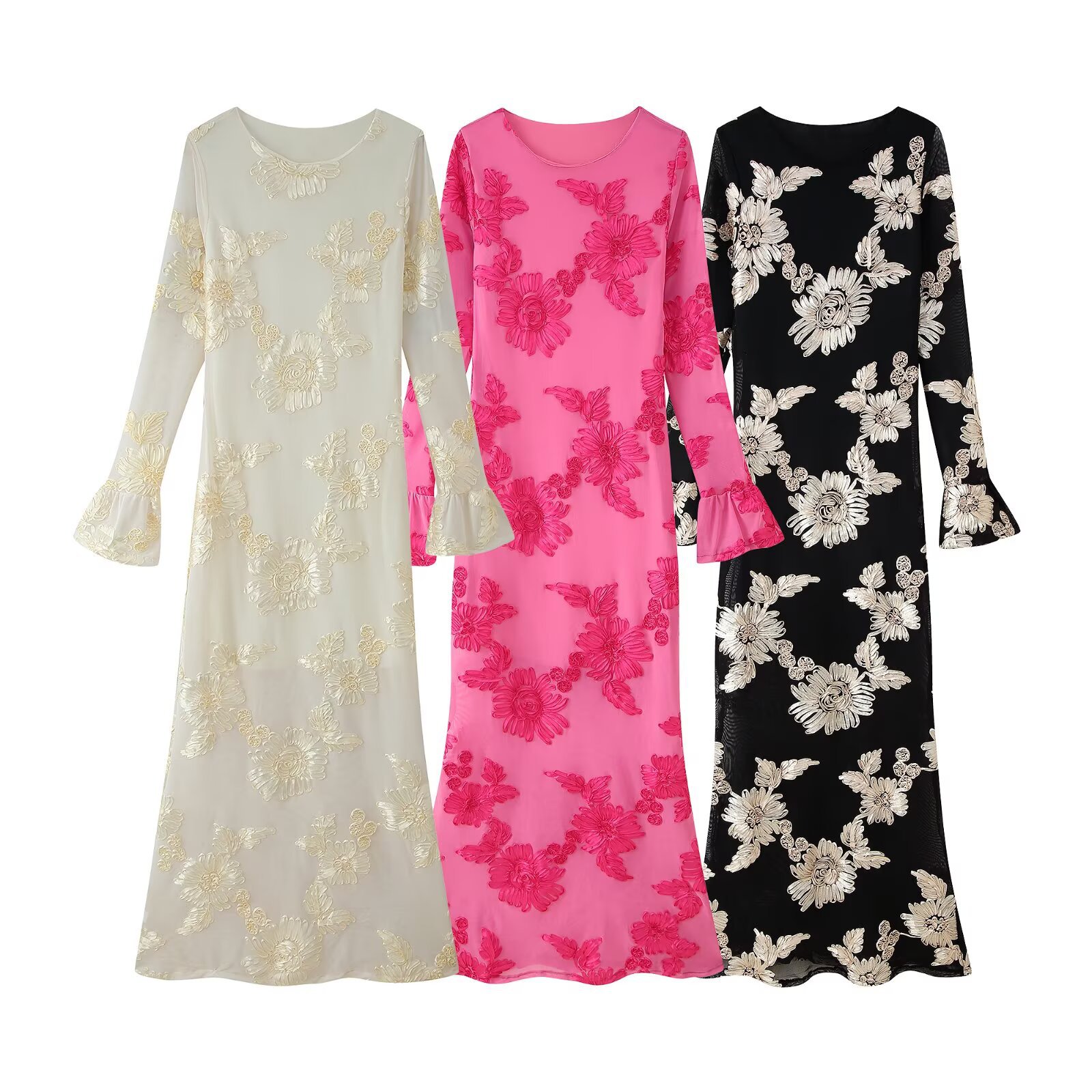 Three-dimensional Plate Flower Bell Sleeve Slim-fit Long Sleeve Dress
