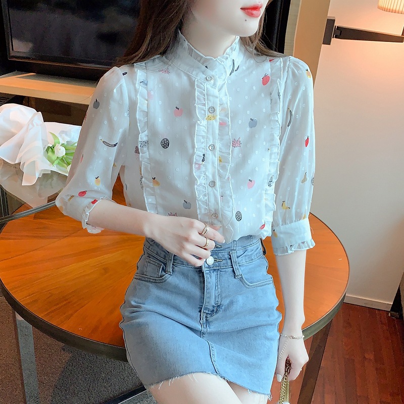 Women's Fashion Stand Collar Ruffle White Shirt