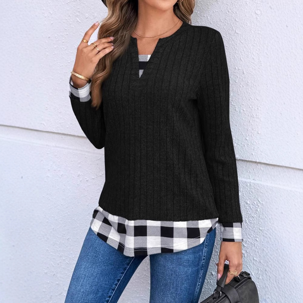 Women's V-neck Plaid Stitching Long-sleeved Thread Knitted Top