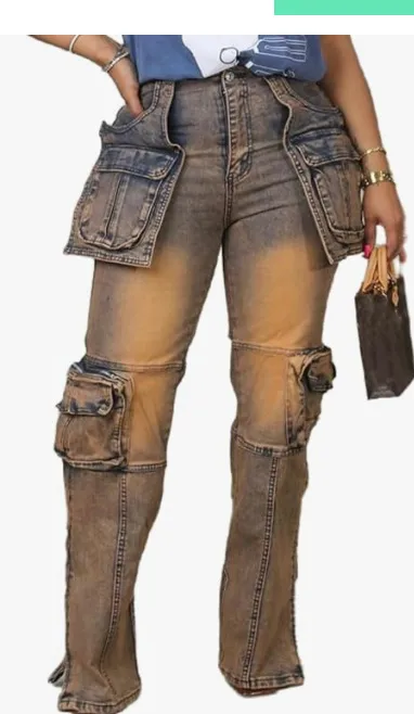 Fashion Casual Patchwork Multi pocket Hamonica Jeans Brown - Shop at LoveMi