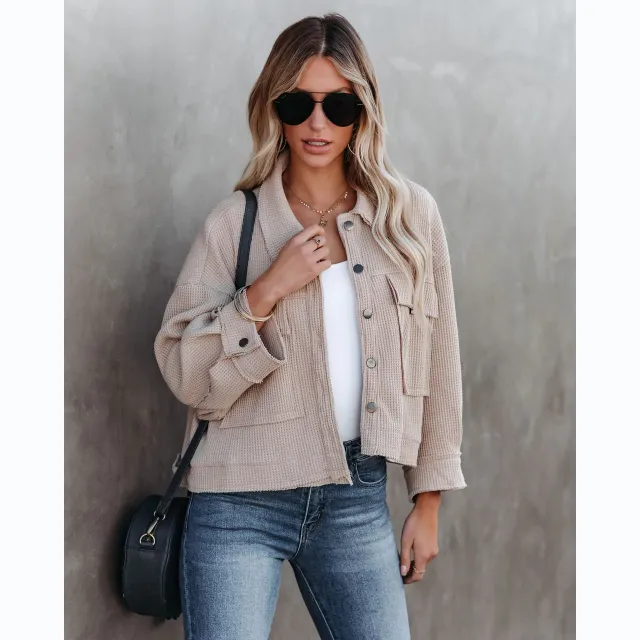 Casual Fashion Polo Collar Waffle Coat Khaki - Shop at LoveMi