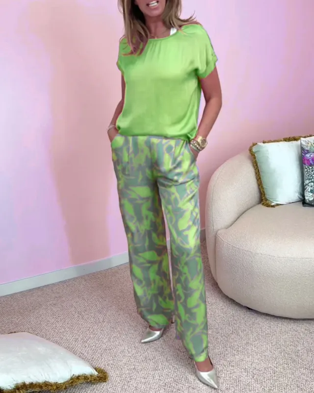 Round Neck Short Sleeve Top Printed Trousers Two piece Set Green - Shop at LoveMi