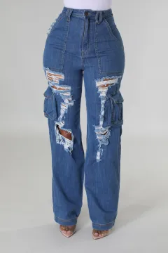 Ripped Jeans Women's Multi-bag Ripped Stretch - Blue - View 1