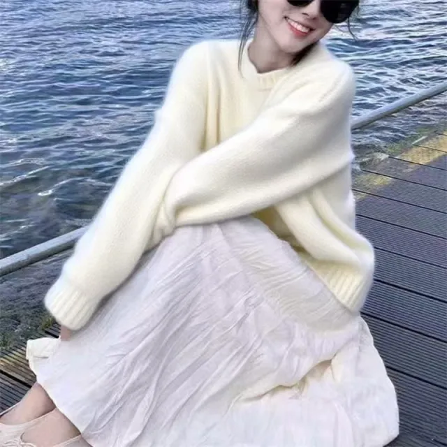 Soft Glutinous Thick Round Neck Knitwear Korean Style Beige - Shop at LoveMi