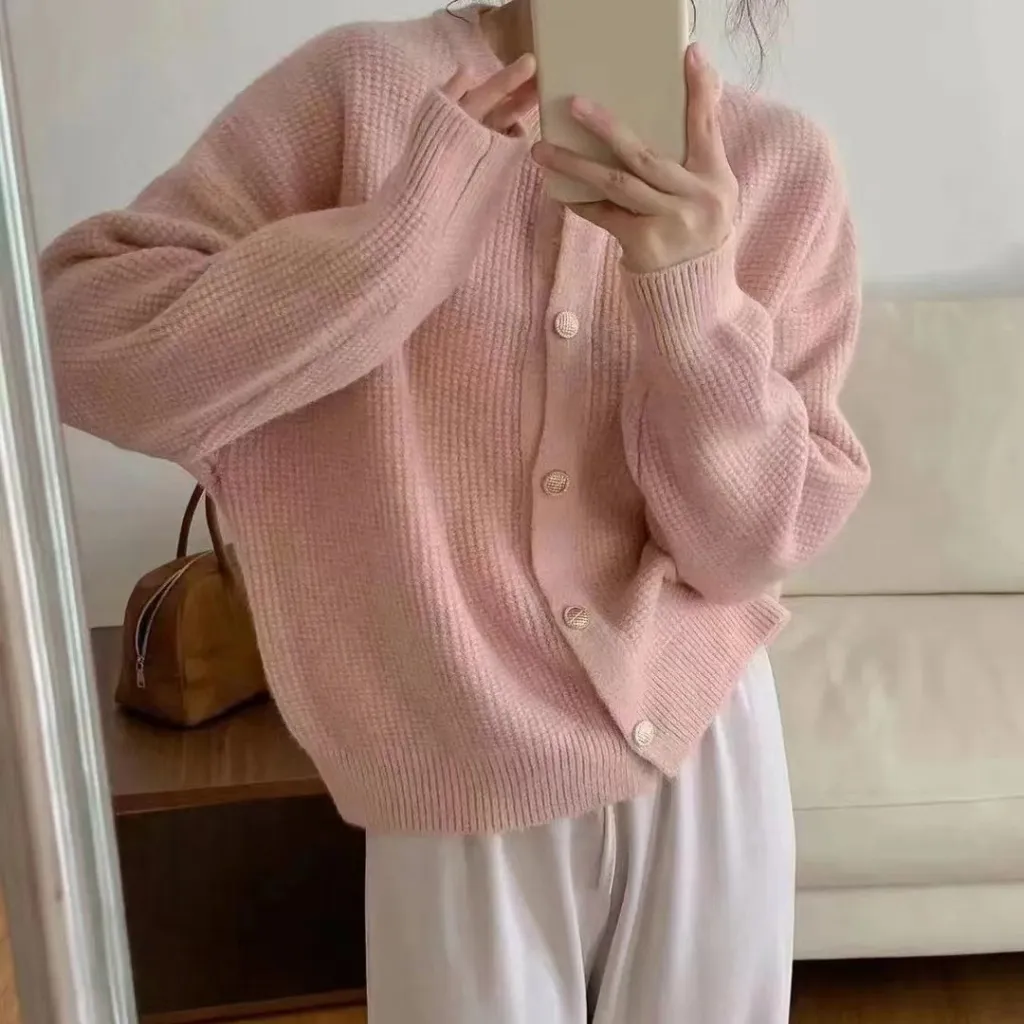 Women's Round Neck Knitted Cardigan Sweater Coat - Pink